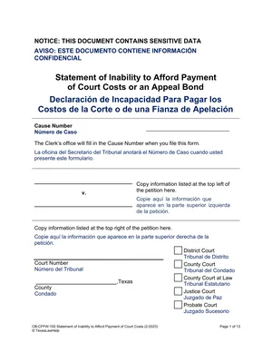 First page of the Statement of Inability to Afford Payment of Court Costs form