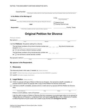 First page of the Original Petition for Divorce (Set A or D) form