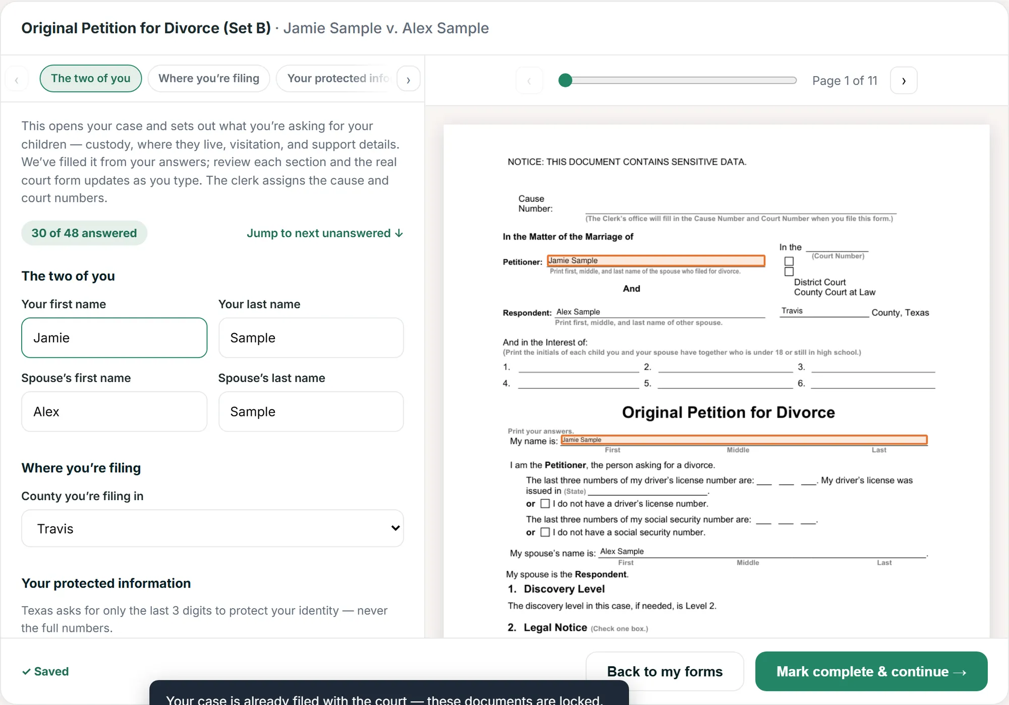 The FormsPal guided editor: plain-English questions on the left, the real Original Petition for Divorce filling in live on the right