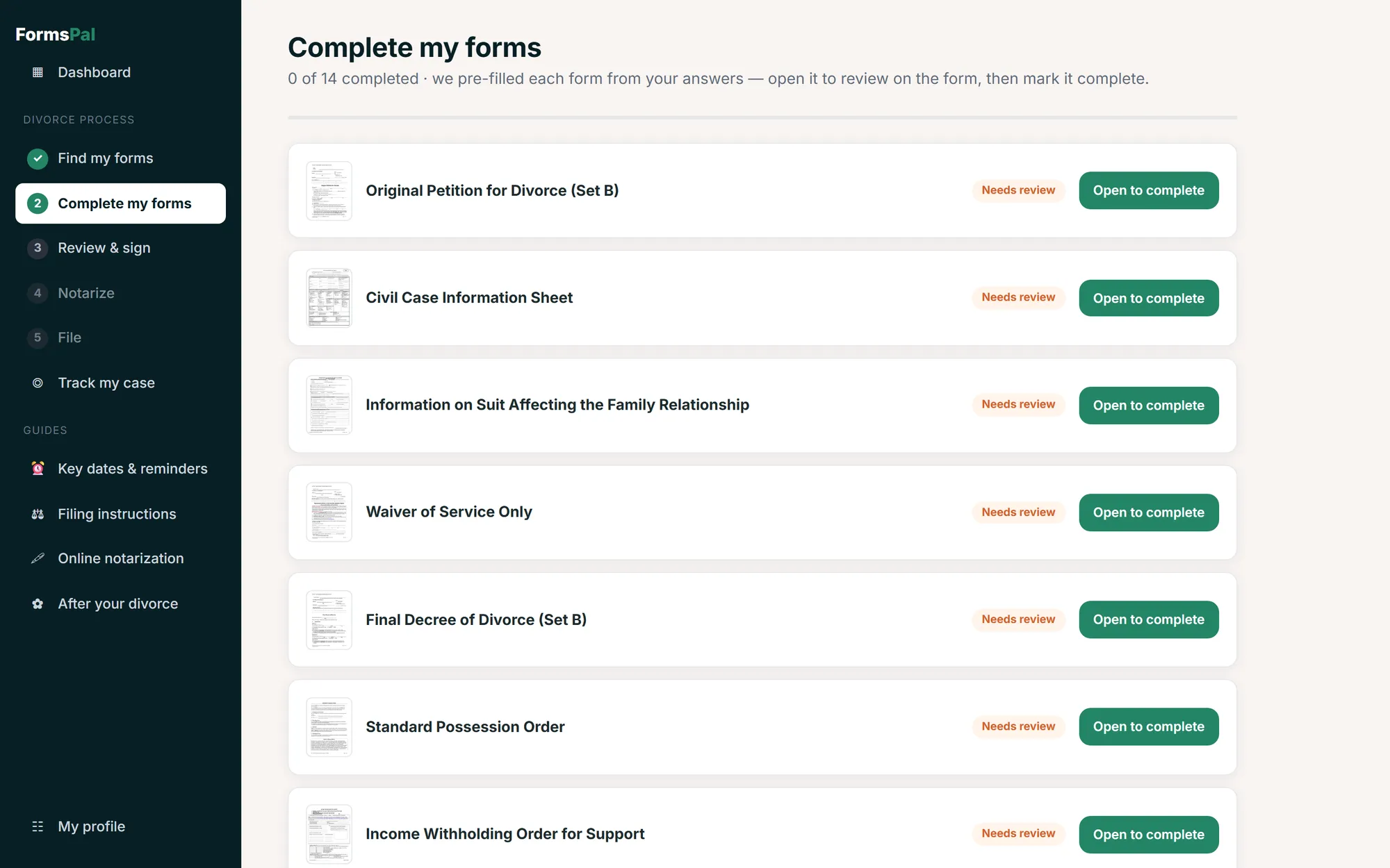 The document checklist: every court form the case needs, pre-filled and ready to review