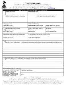 BBB Complaint Form Preview