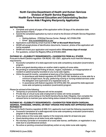 Nurse Aide I Registry Reciprocity Application (DHSR/HCPEC-4515) Preview