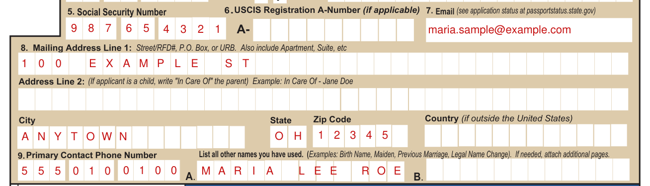 Form DS-11 example filled out, email, Mailing Address and Phone