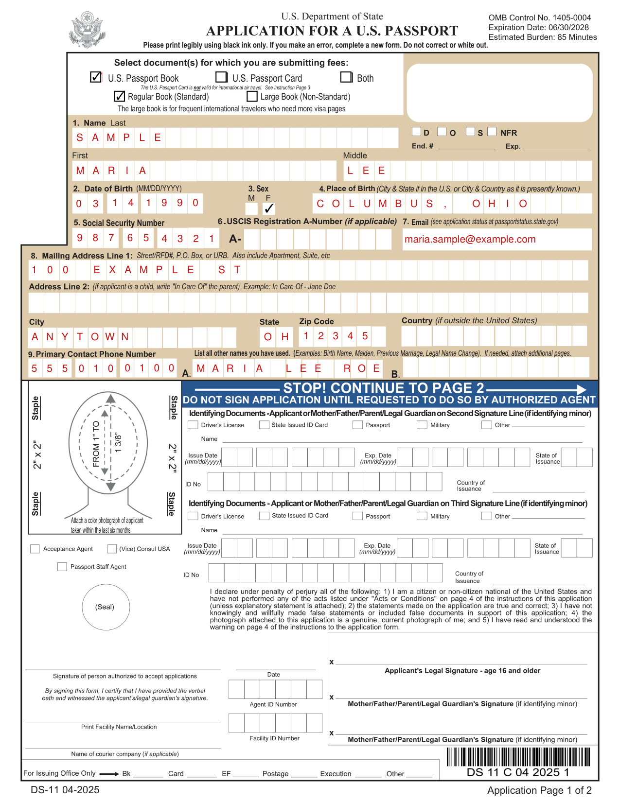 Form DS-11 example filled out, example: a first-time applicant fills in application page 1