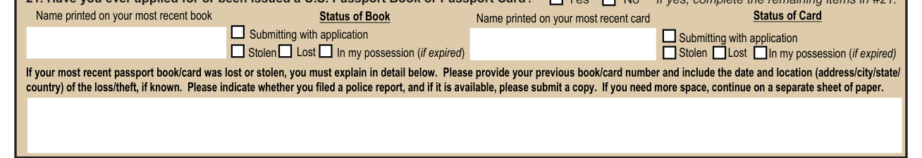 Form DS-11 example filled out, status of Book and Status of Card
