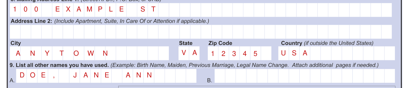 Form DS-82 example filled out, mailing address and other names used