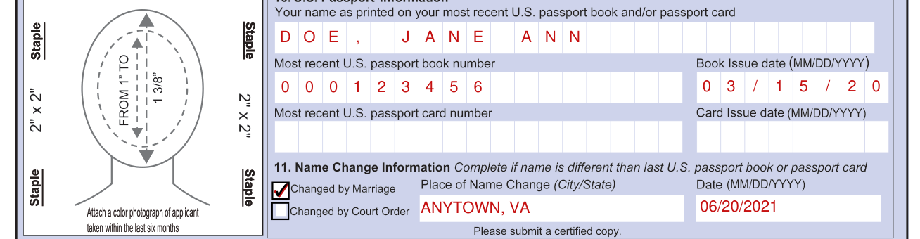 Form DS-82 example filled out, most recent passport and name change