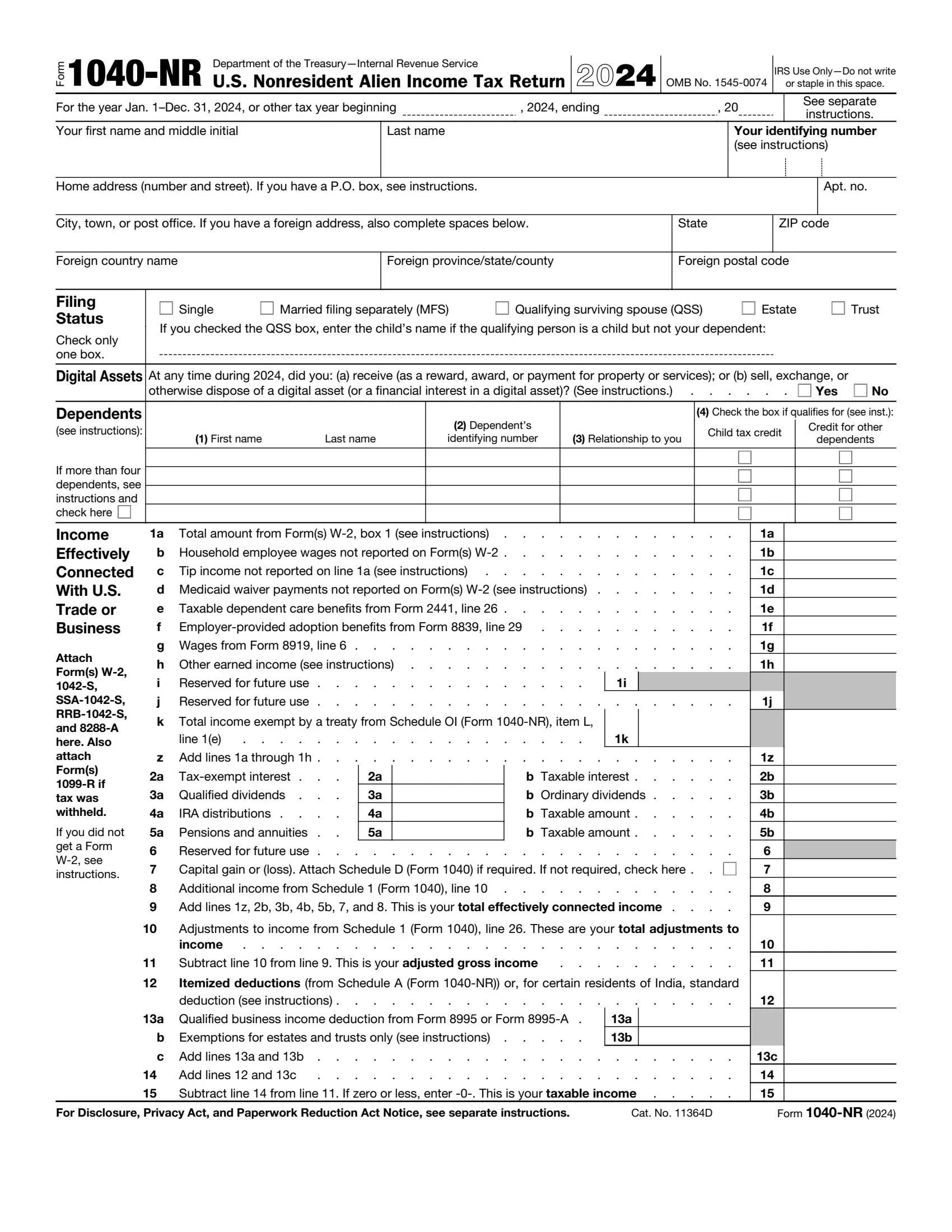 irs form 1040 nr 2021 preview