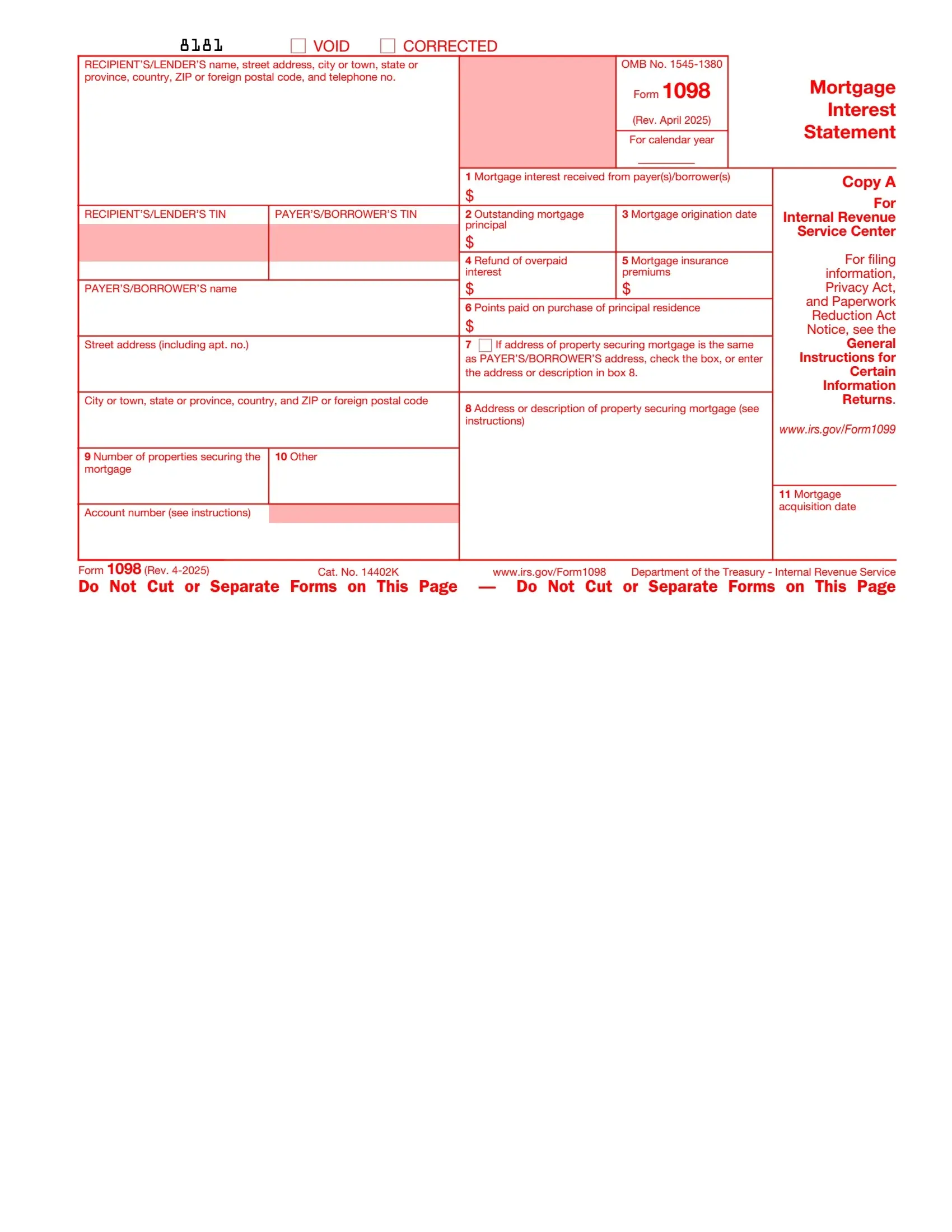 irs form 1098 rev 01 2022 preview