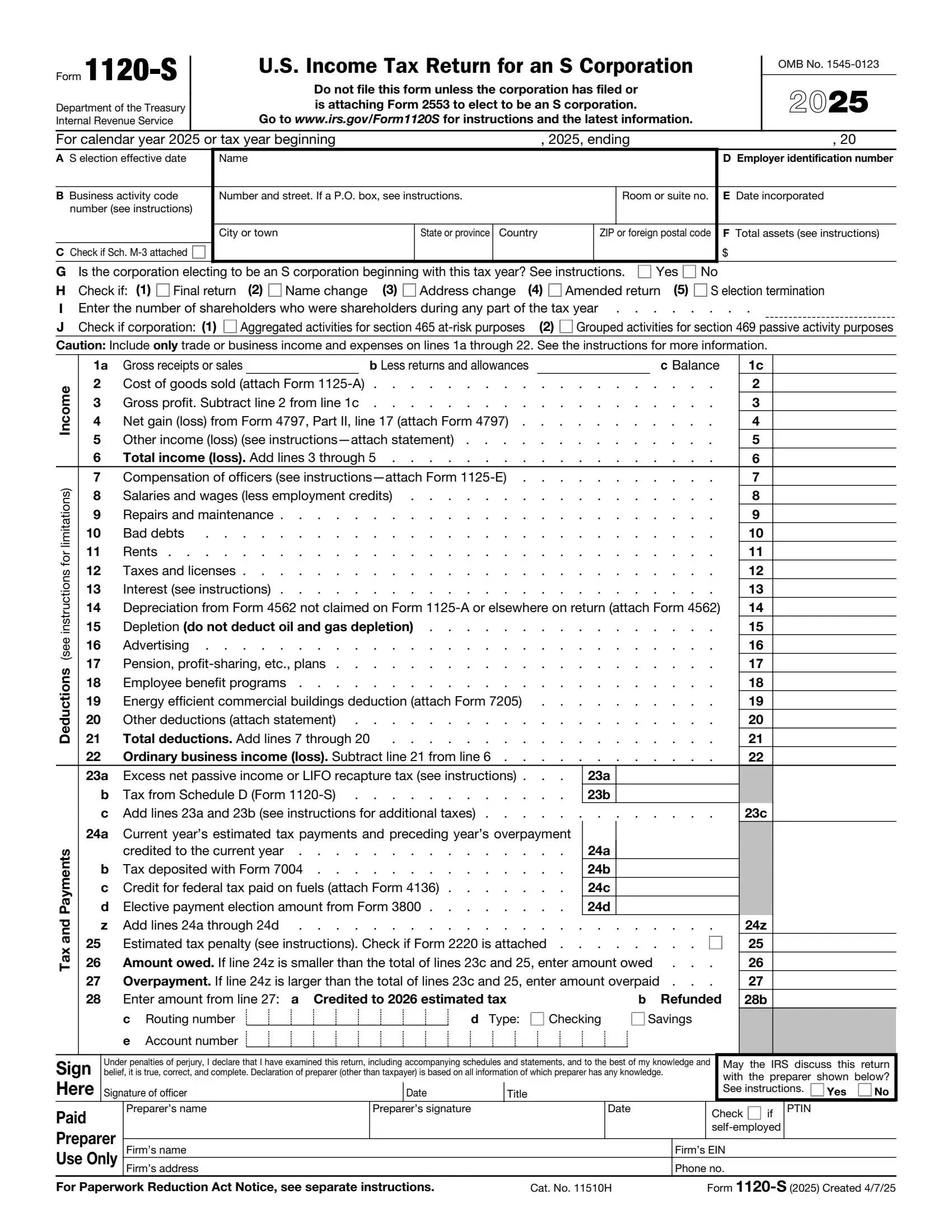IRS Form 1120-S preview