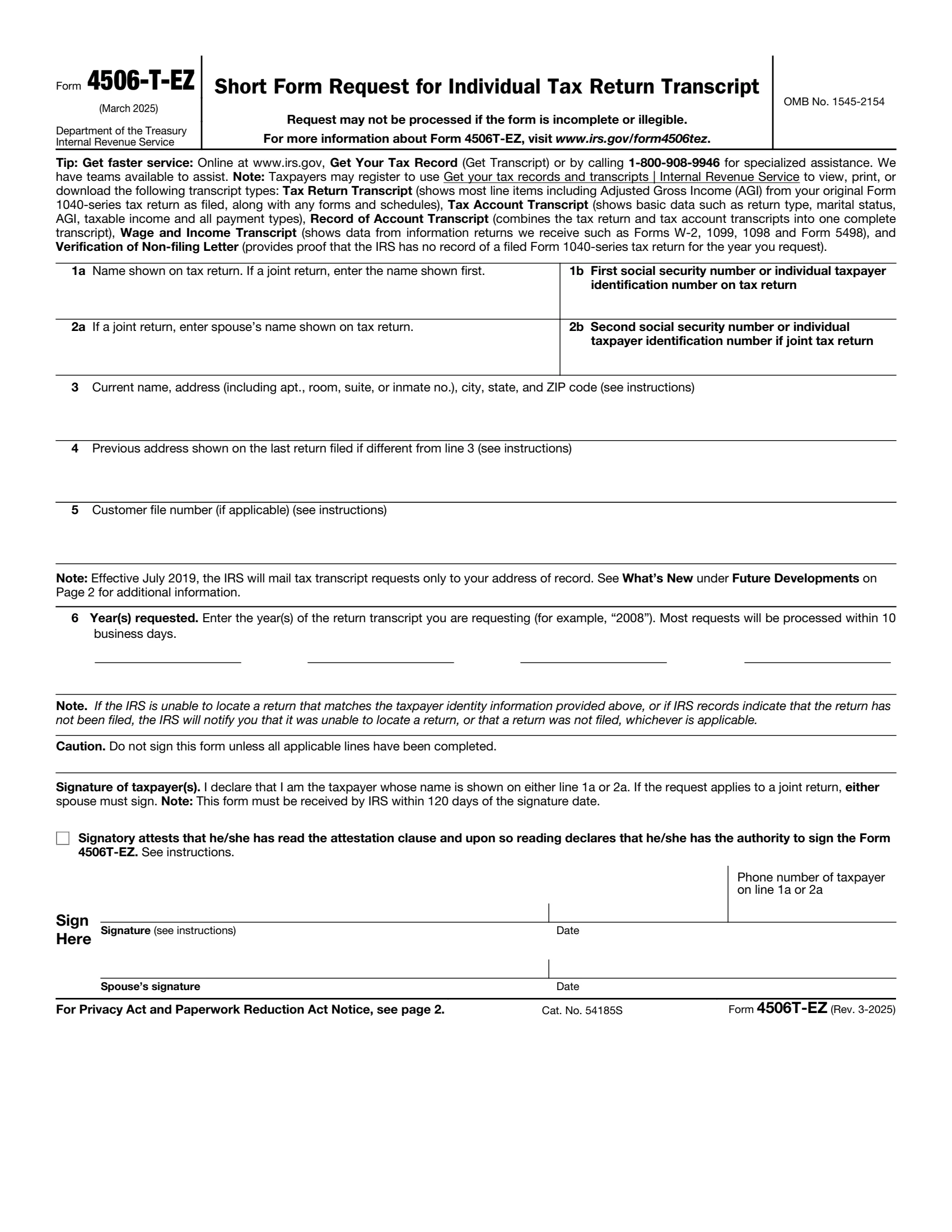 IRS Form 4506T-EZ preview