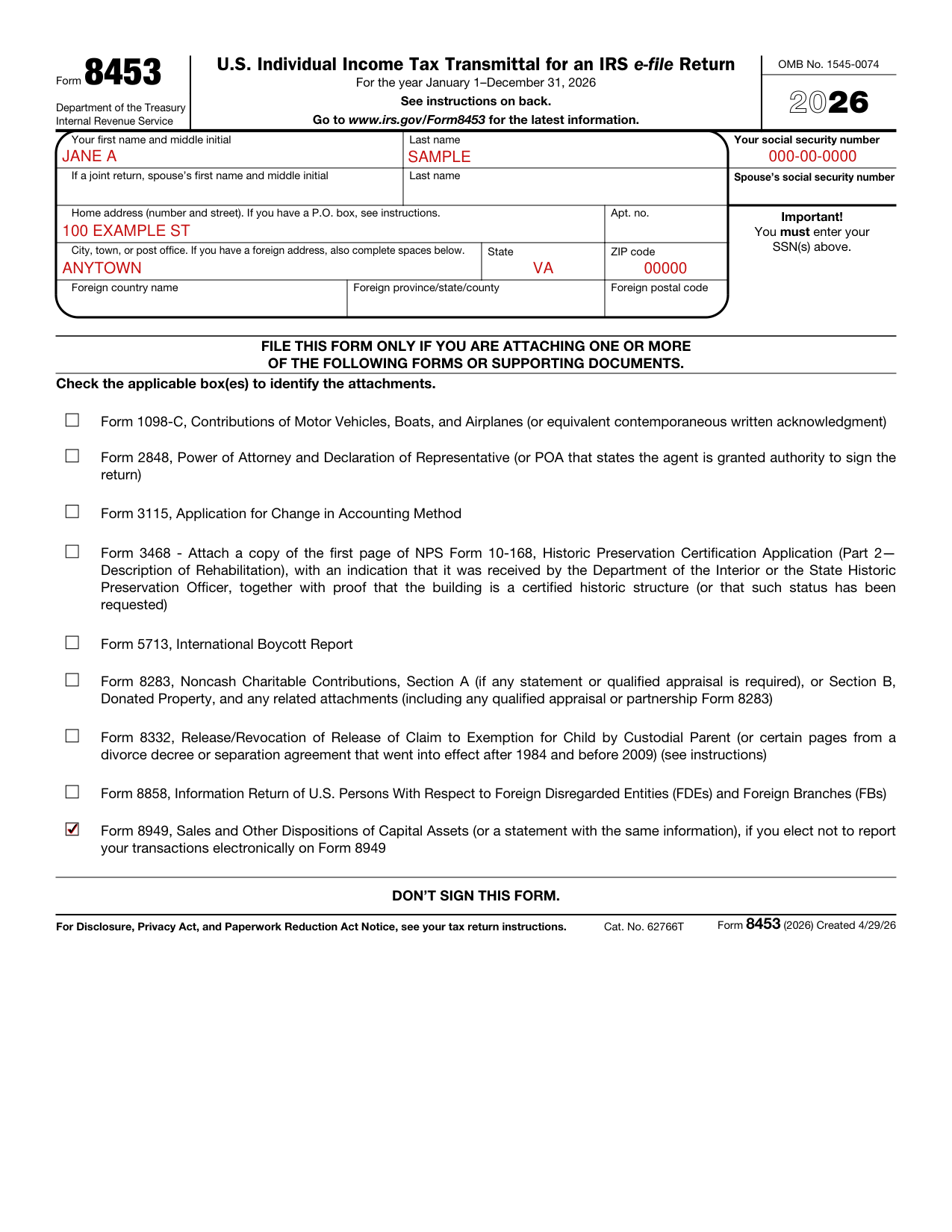 Form 8453 example filled out, example: a single filer attaches Form 8949