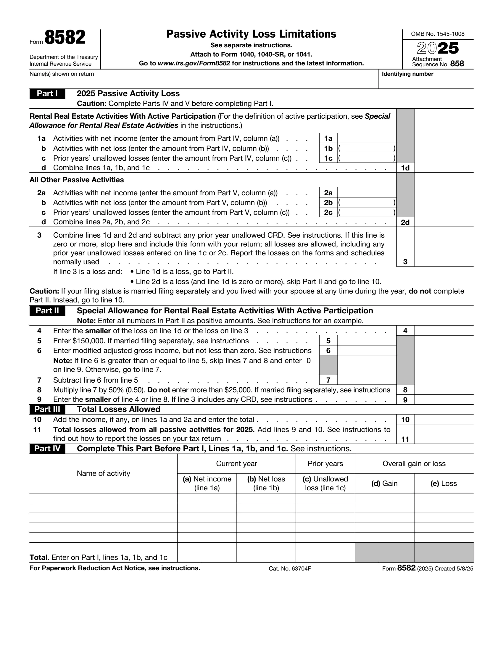 IRS Form 8582 preview