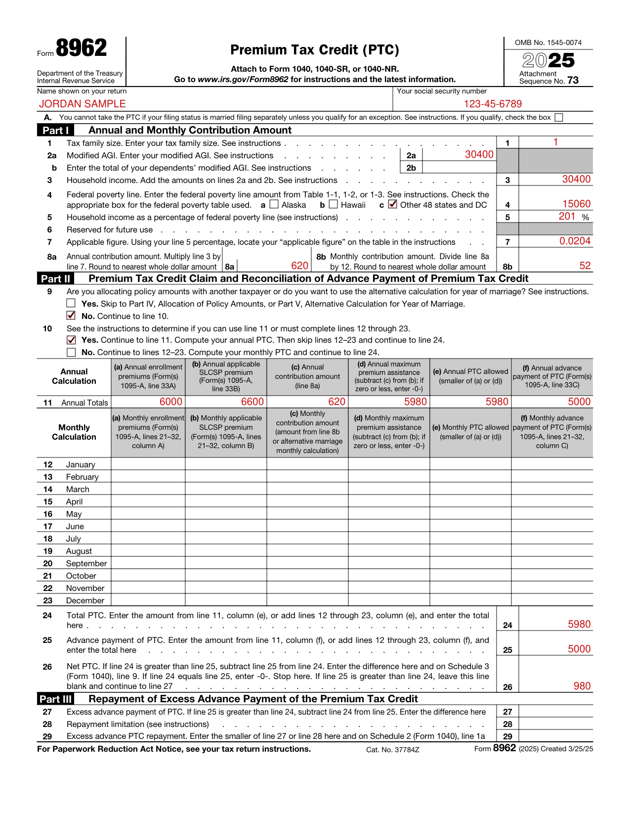 Form 8962 example filled out, example: a single filer with full-year coverage