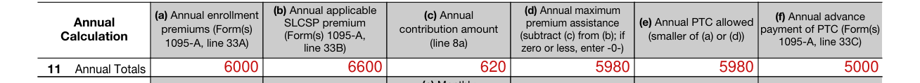 Form 8962 example filled out, line 11, Annual Totals