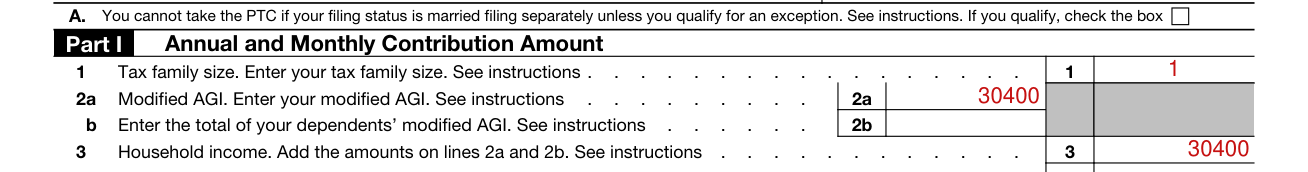 Form 8962 example filled out, lines 1 to 3, tax family size and modified AGI