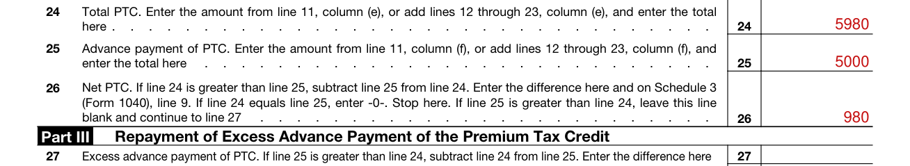 Form 8962 example filled out, lines 24 to 26, Total PTC