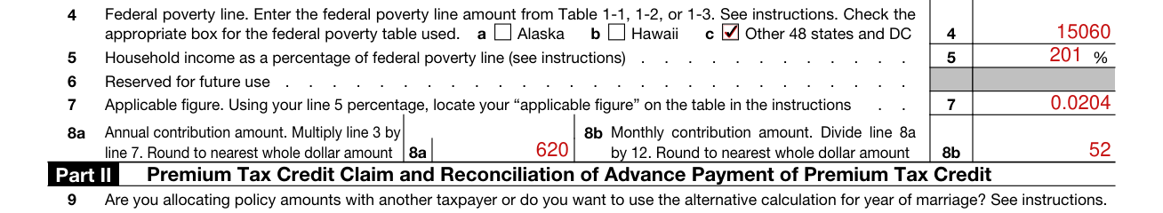 Form 8962 example filled out, lines 4 to 8b, state, federal poverty line and applicable figure