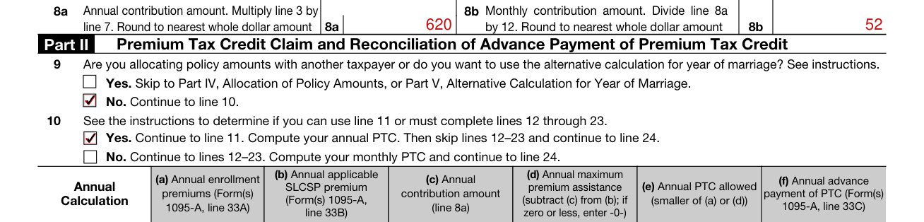 Form 8962 example filled out, lines 9 and 10
