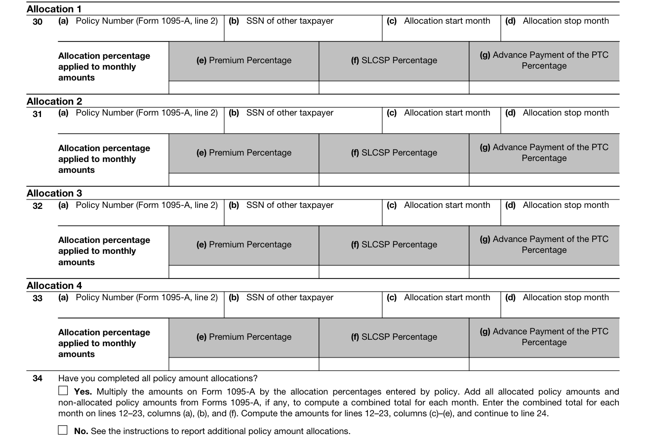 Form 8962 example filled out, part IV, Allocation of Policy Amounts
