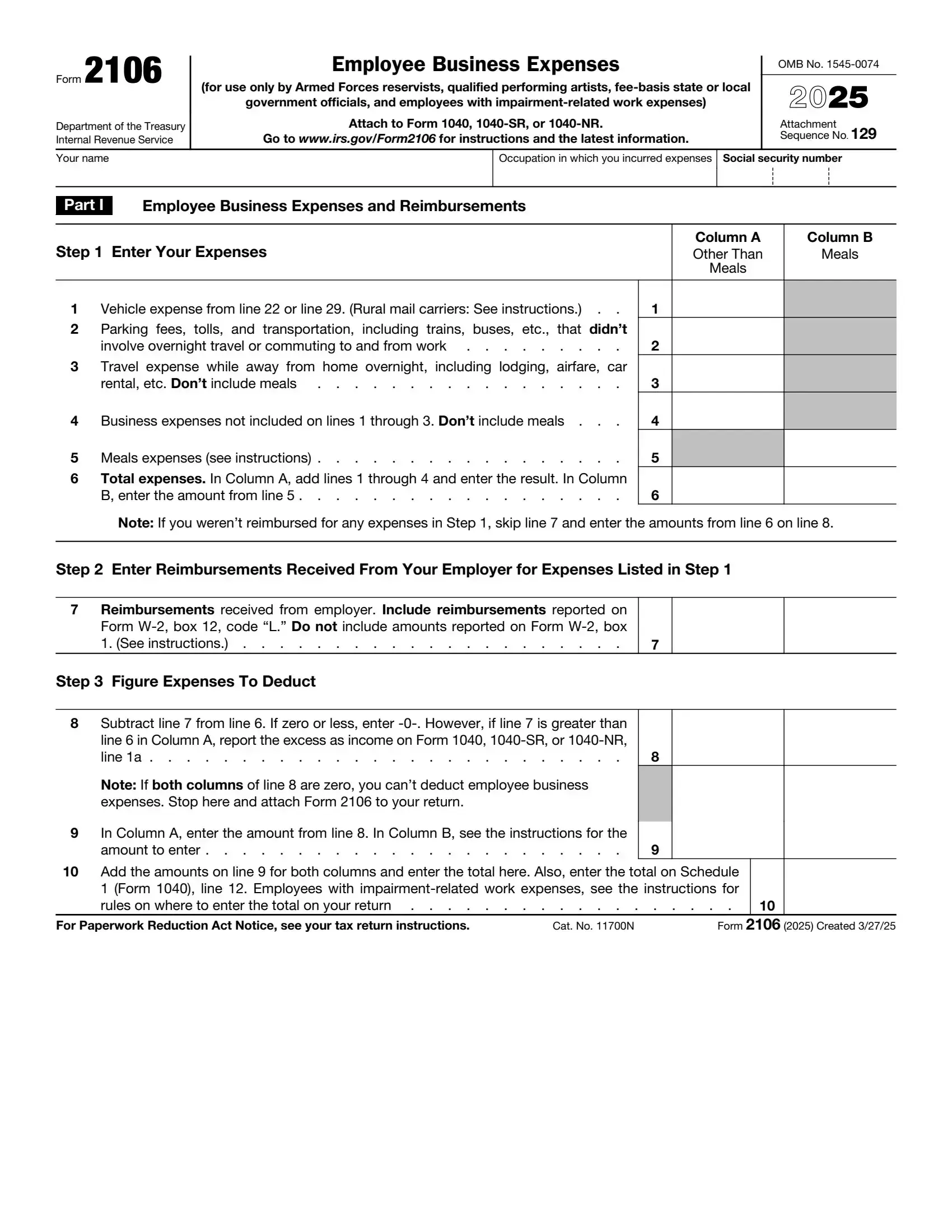 IRS Form 2106 preview