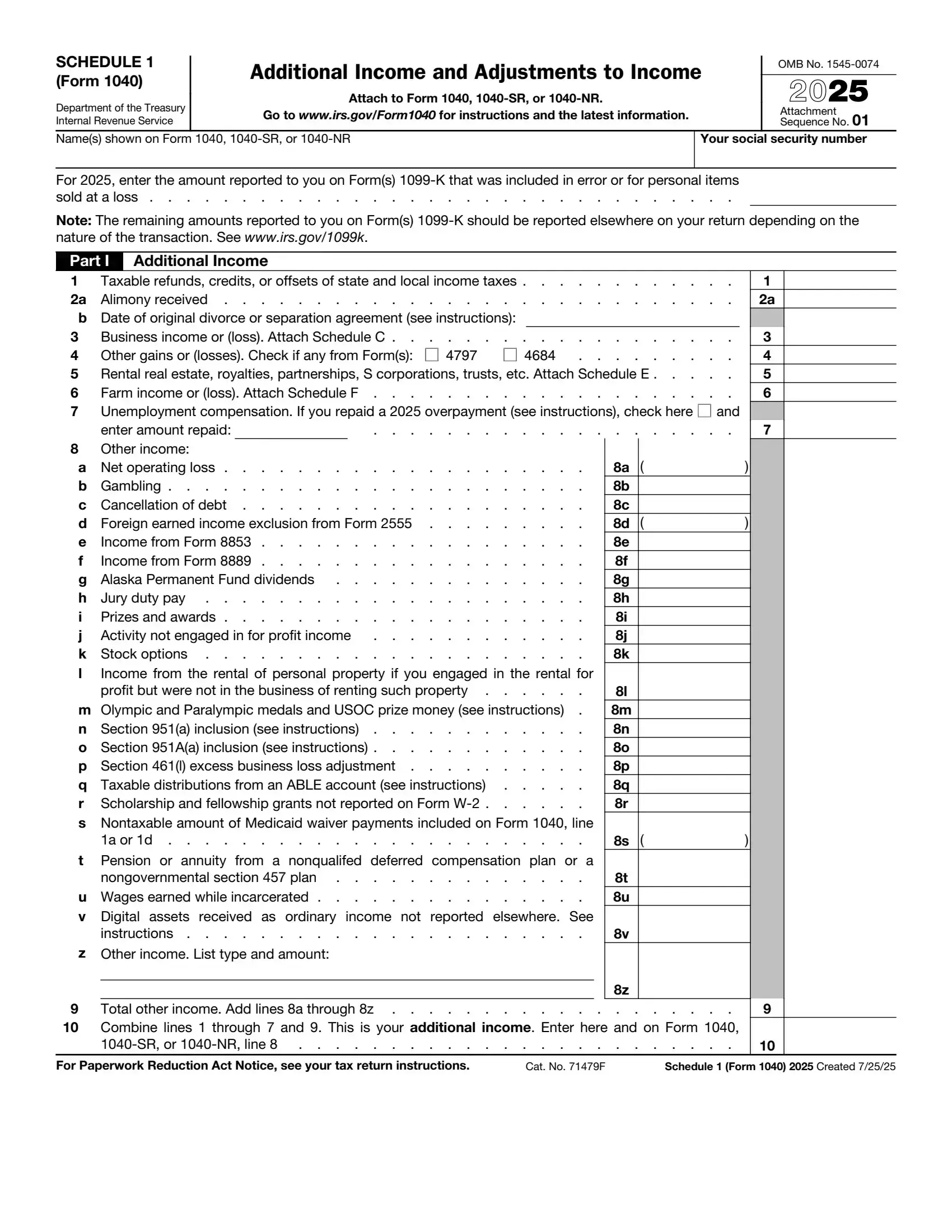 IRS Schedule 1 Form 1040 or 1040-SR preview