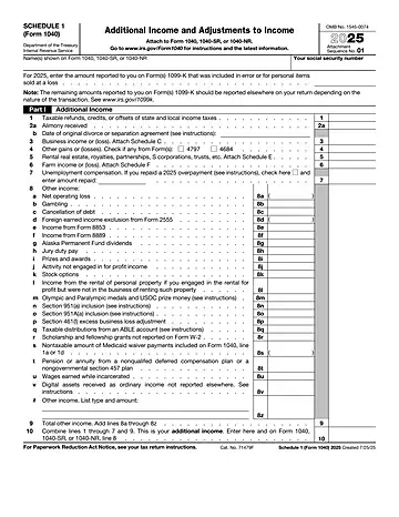 IRS Schedule 1 Form 1040 or 1040-SR Preview