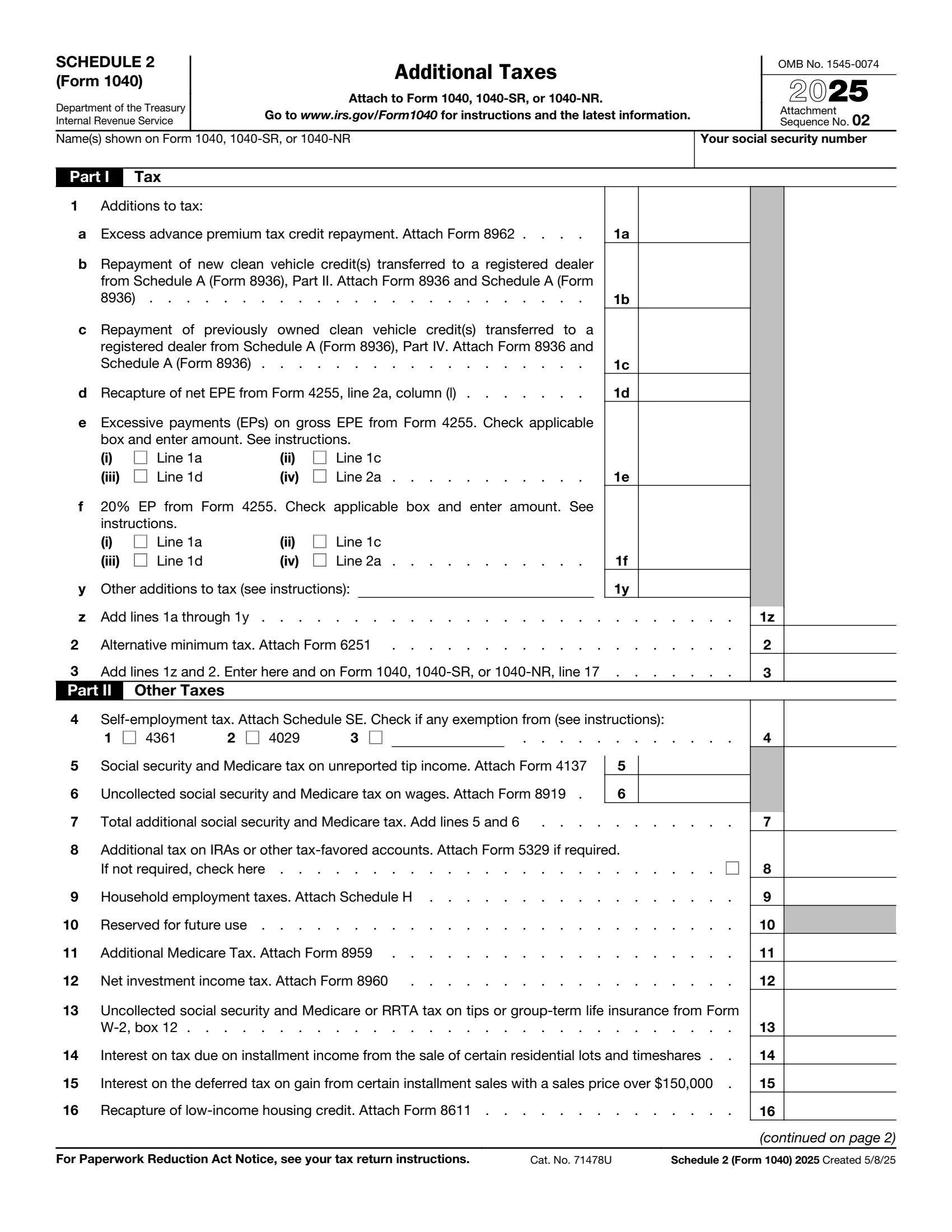 IRS Schedule 2 Form 1040 or 1040-SR preview