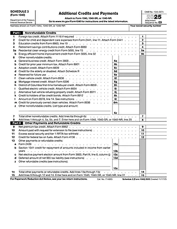IRS Schedule 3 Form 1040 or 1040-SR Preview