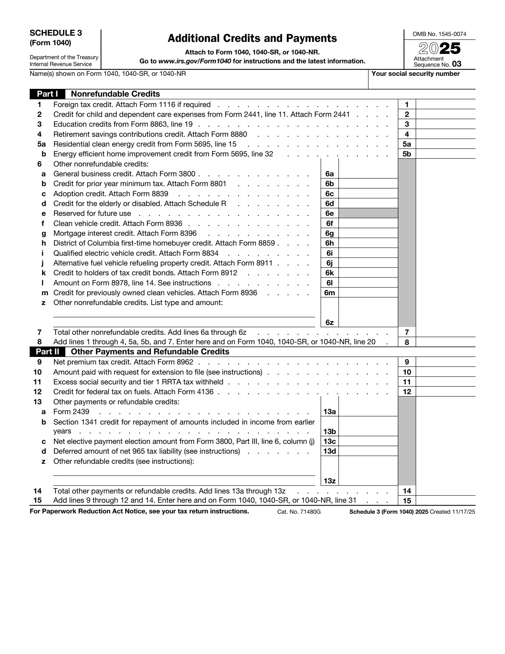 IRS Schedule 3 Form 1040 or 1040-SR preview
