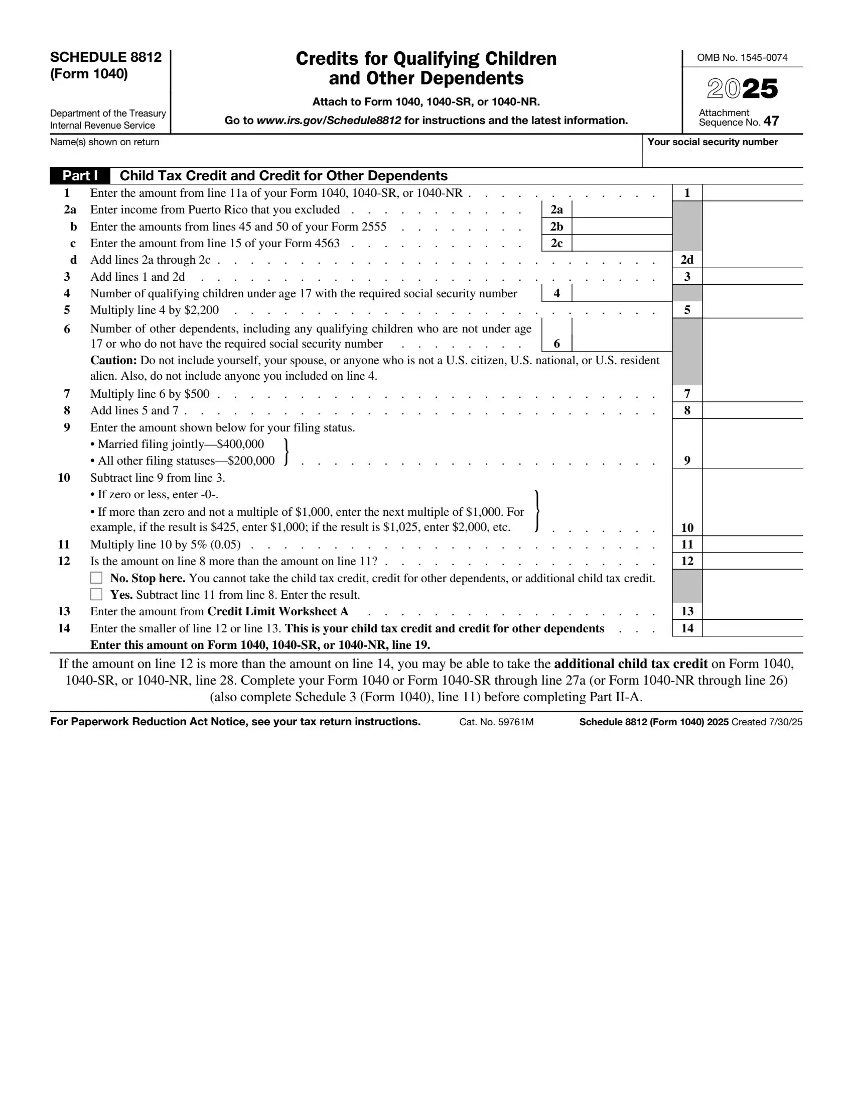 IRS Schedule 8812 Form 1040 preview