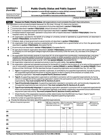 IRS Schedule A Form 990 or 990-EZ Preview