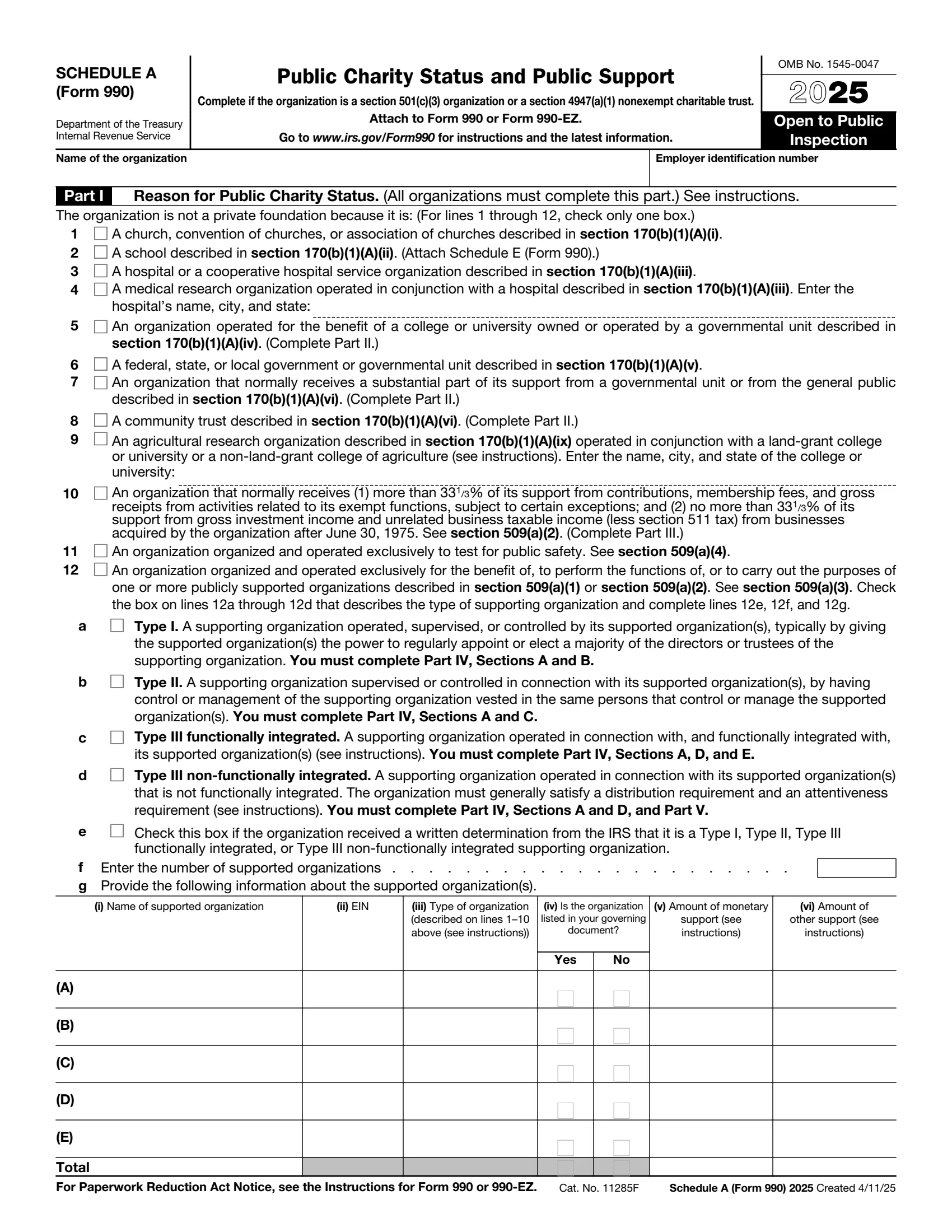 IRS Schedule A Form 990 or 990-EZ preview