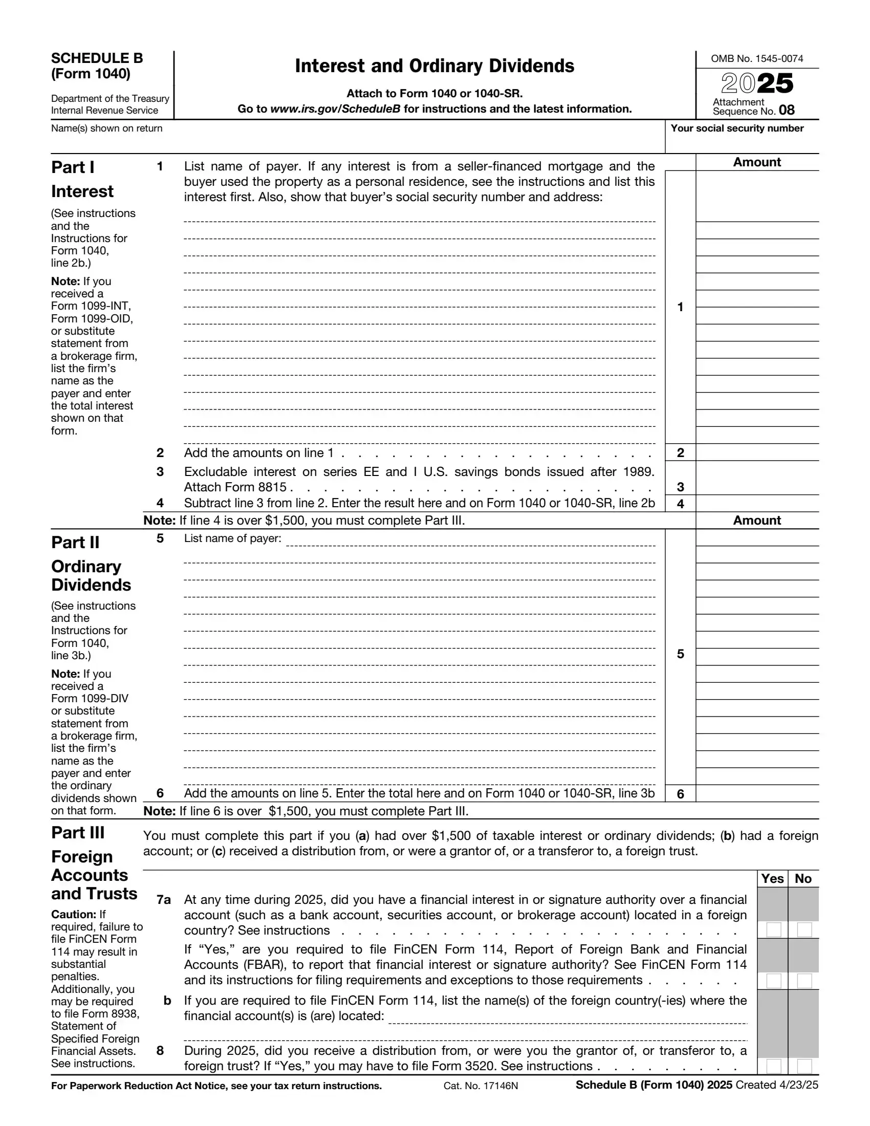 IRS Schedule B Form 1040 preview
