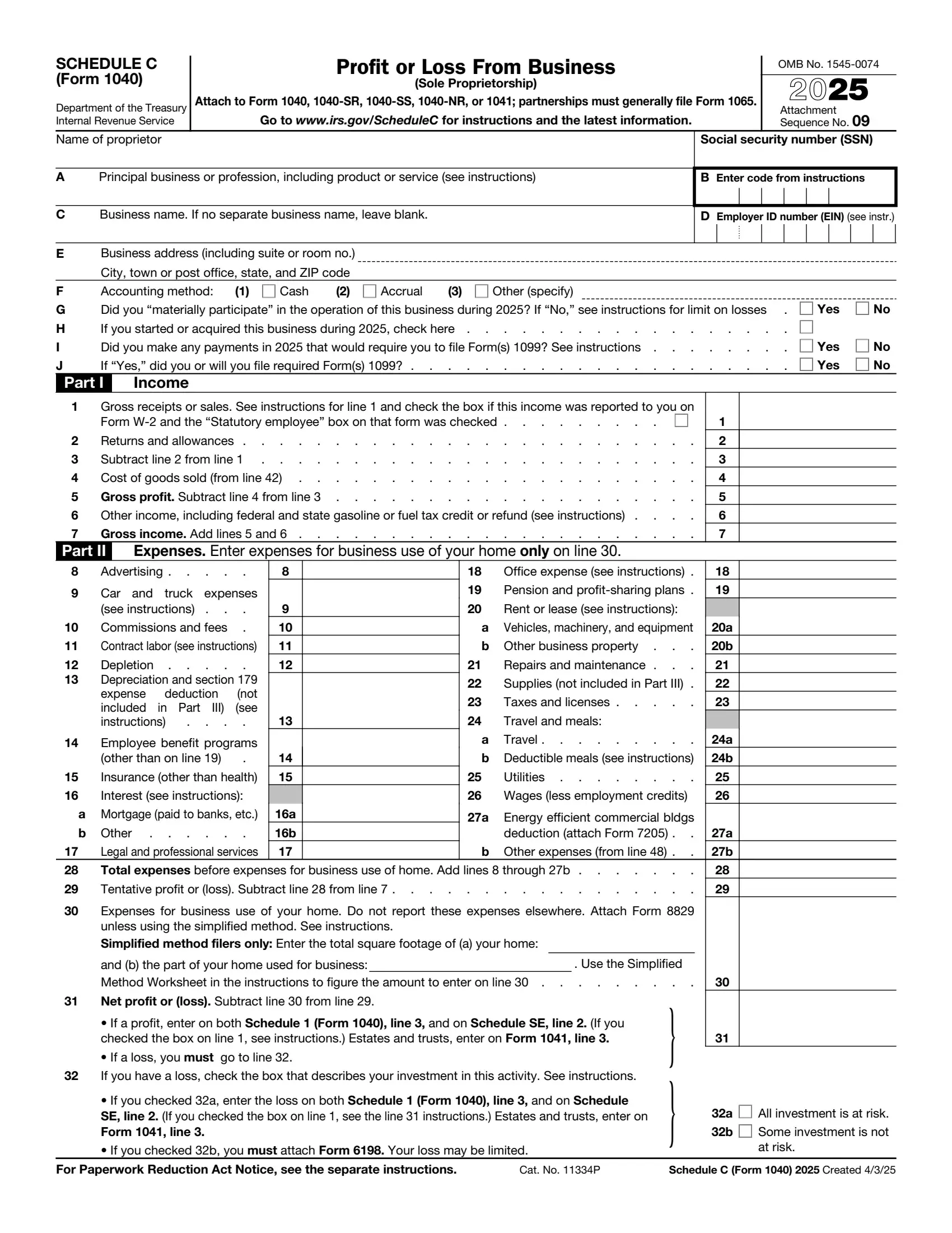 IRS schedule C form 1040 2021