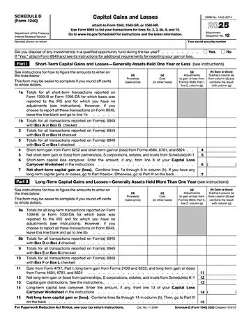 IRS Schedule D Form 1040 or 1040-SR Preview