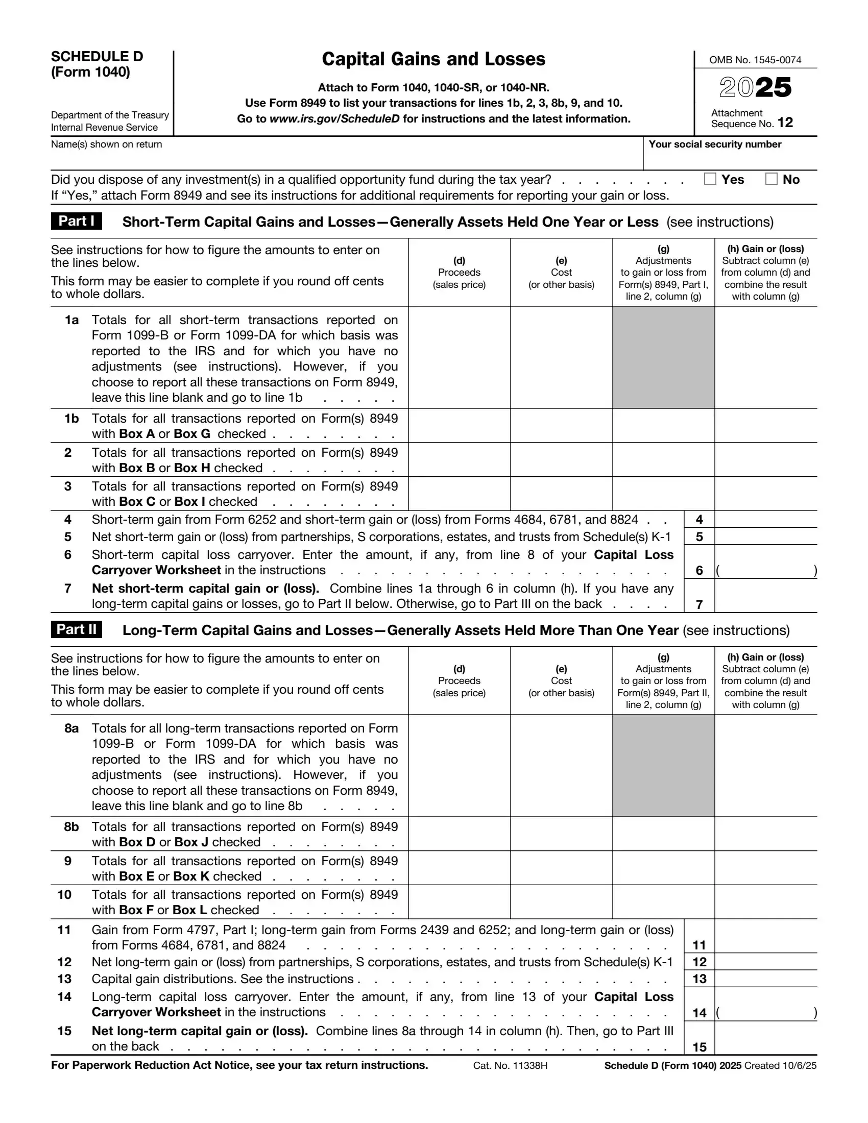 IRS Schedule D Form 1040 or 1040-SR preview