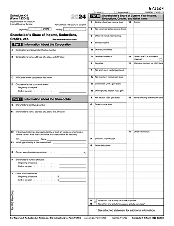 IRS Schedule K-1 Form 1120-S Preview