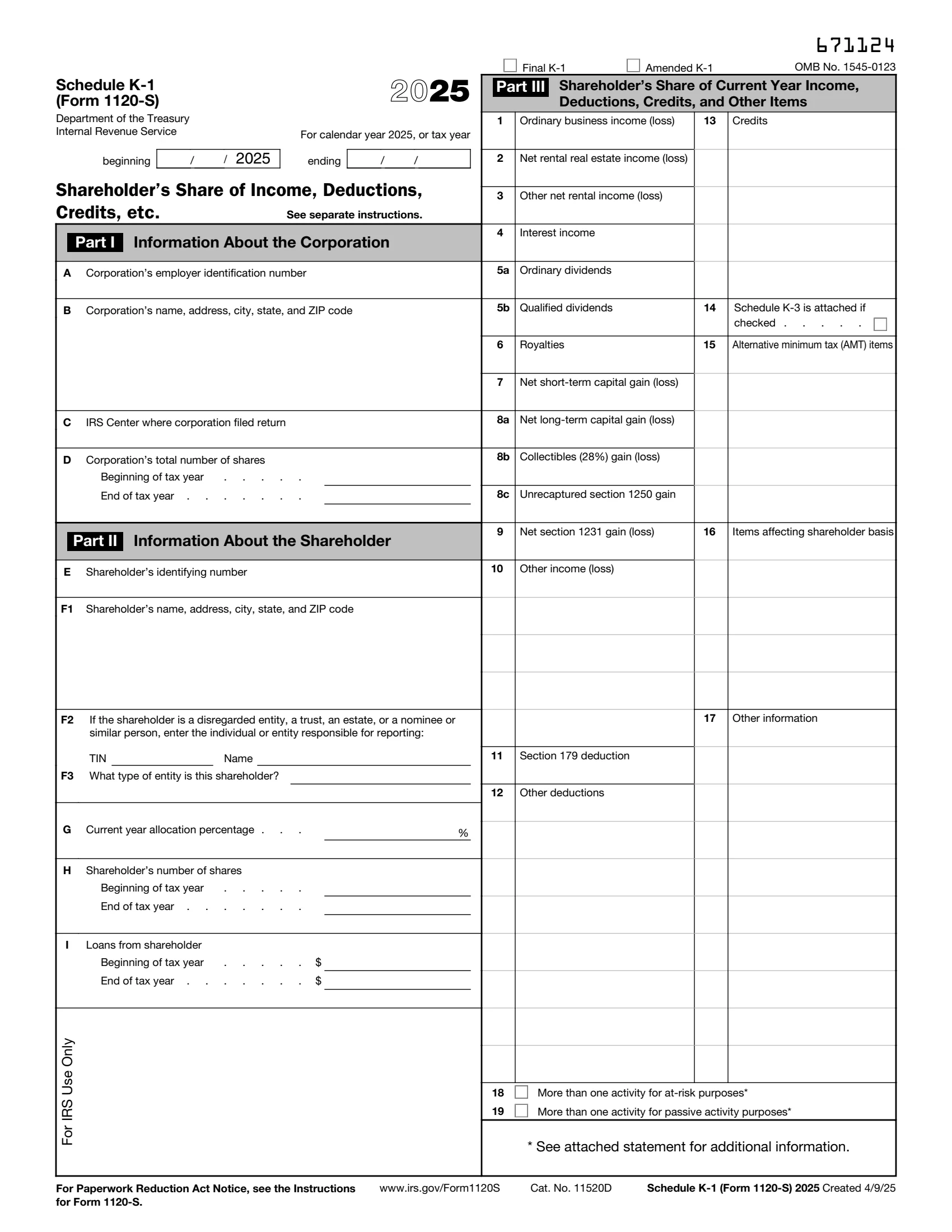 IRS Schedule K-1 Form 1120-S preview