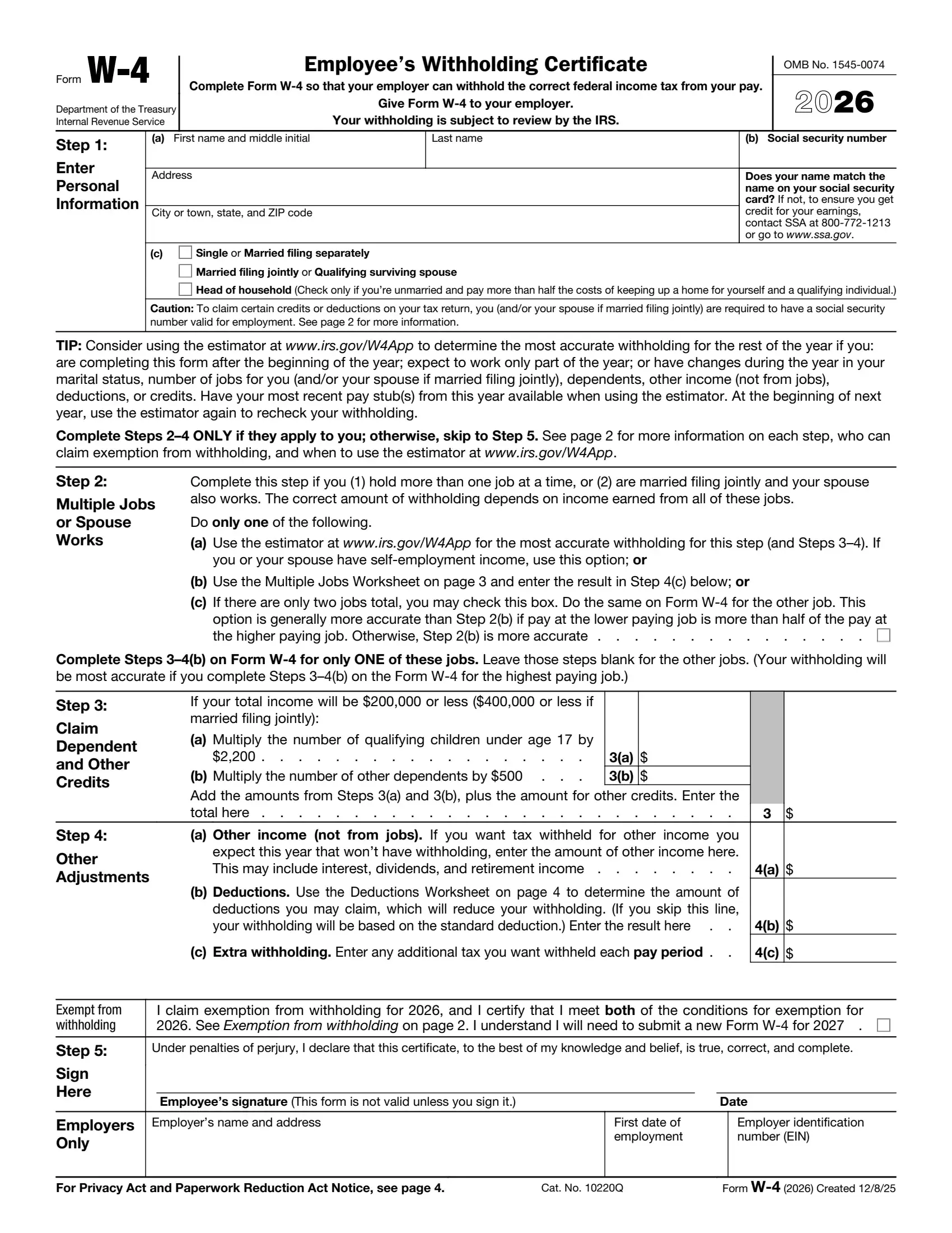 IRS Form W-4 preview