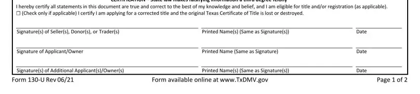 Filling out form 130 u texas title application part 3