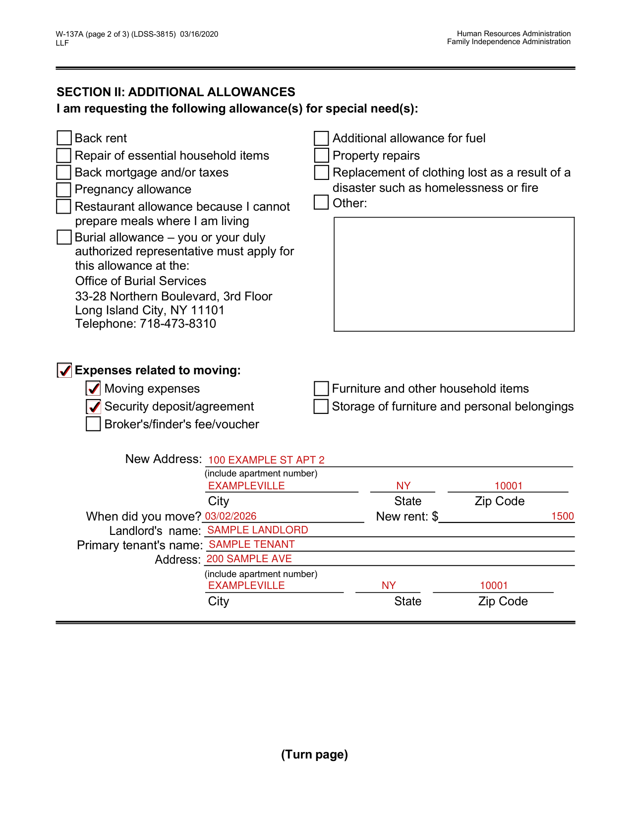 Form W-137A example filled out, example: moving costs and a security deposit