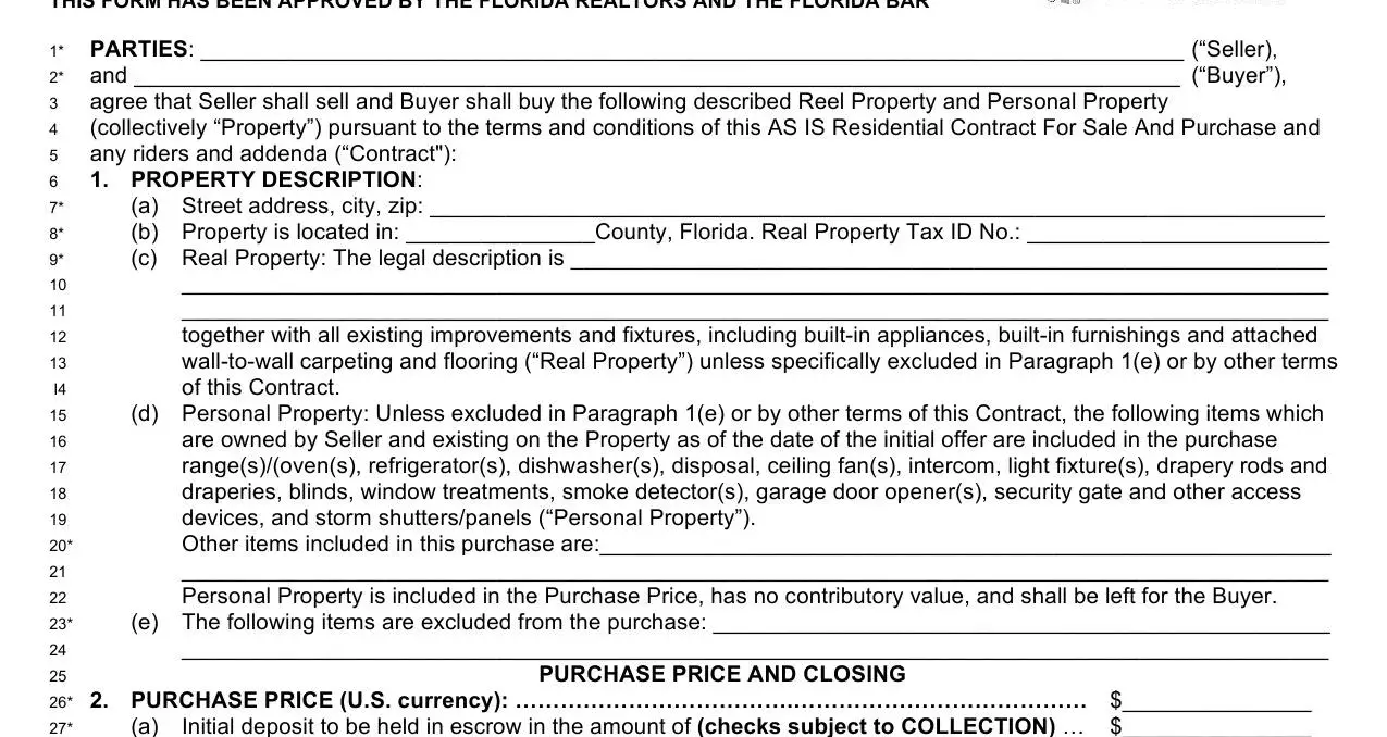 Florida "As Is" Residential Contract for Sale and Purchase ≡ Fill Out