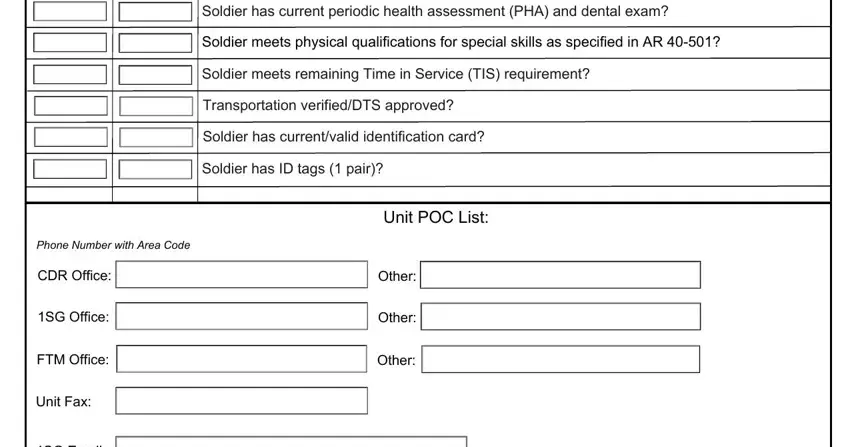 form tass Soldier has current periodic, Soldier meets physical, Soldier meets remaining Time in, Transportation verifiedDTS approved, Soldier has currentvalid, Soldier has ID tags  pair, Unit POC List, Other, Other, Other, Phone Number with Area Code, CDR Office, SG Office, FTM Office, and Unit Fax blanks to fill out