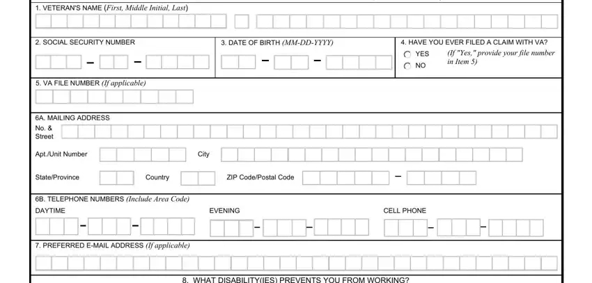 VETERANS NAME First Middle, SECTION I VETERANS PERSONAL, SOCIAL SECURITY NUMBER, DATE OF BIRTH MMDDYYYY, HAVE YOU EVER FILED A CLAIM WITH, YES, If Yes provide your file number in, VA FILE NUMBER If applicable, A MAILING ADDRESS, No  Street, AptUnit Number, City, StateProvince, Country, and ZIP CodePostal Code in va form 21p 527ez pdf