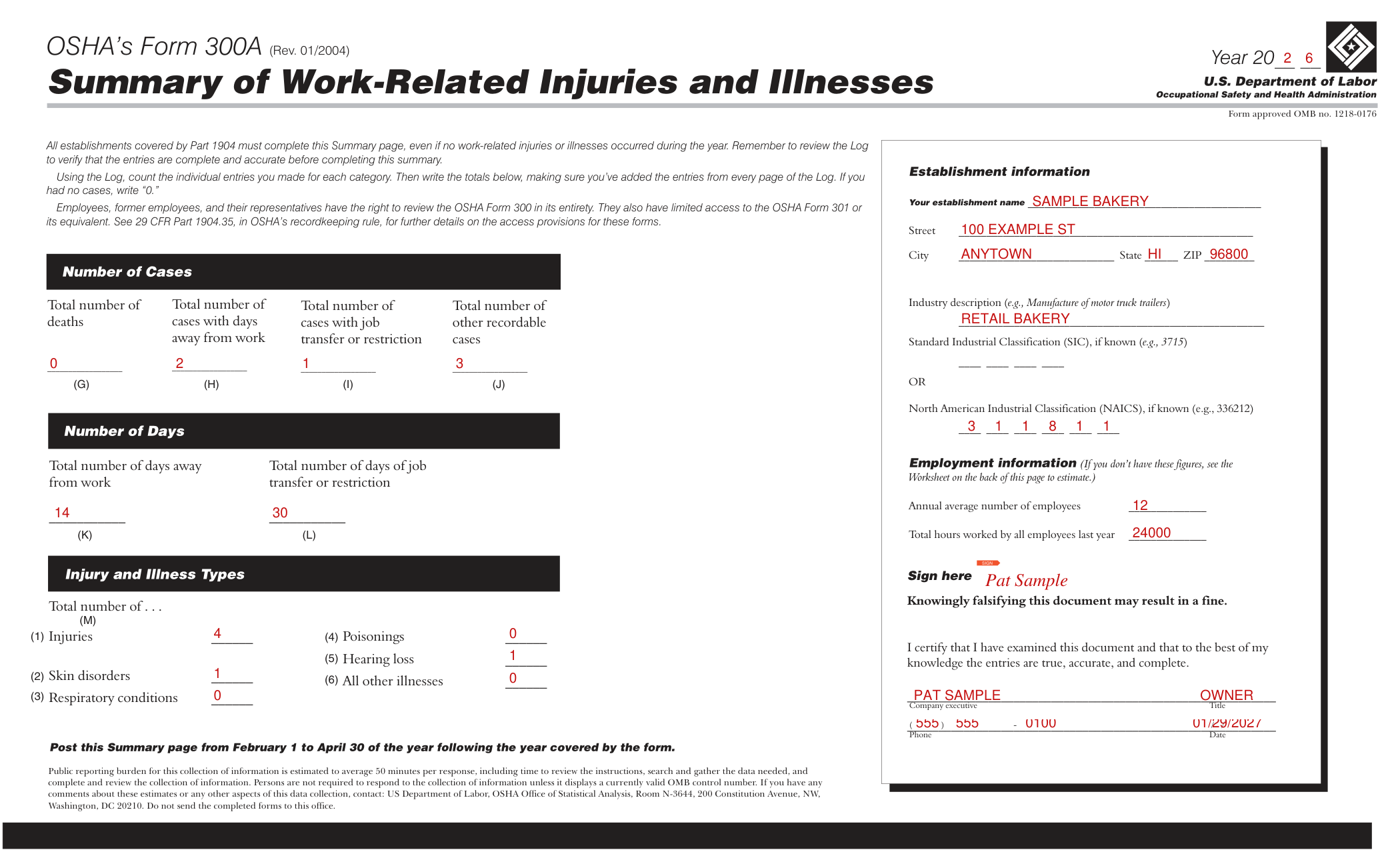 Form 300A example filled out, example: a bakery completes its annual summary