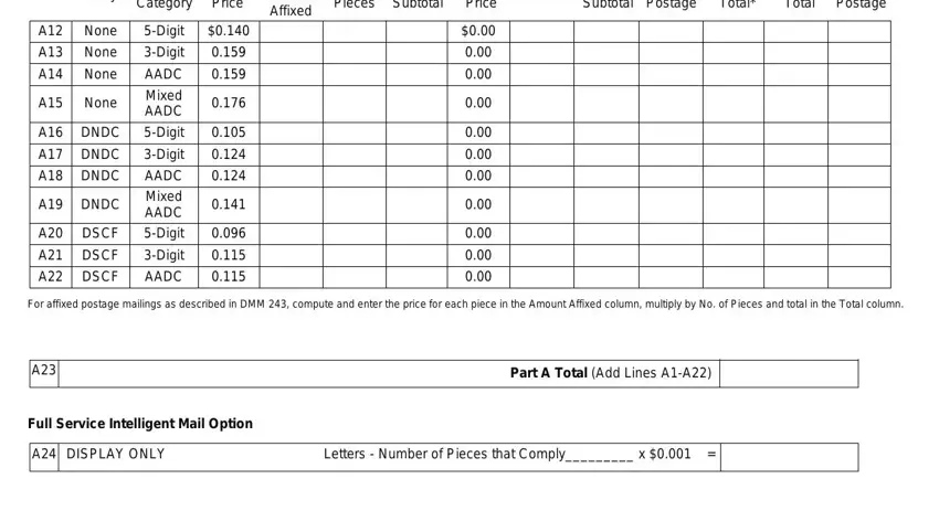 ps form 3602 n Price Category, Piece Price, Or Amount Affixed, No of Pieces, Pieces Subtotal, Pound Price, Pounds, Pounds Subtotal, Subtotal Postage, Discount Total, Fee Total, Total Postage, Entry, None, and None blanks to fill out