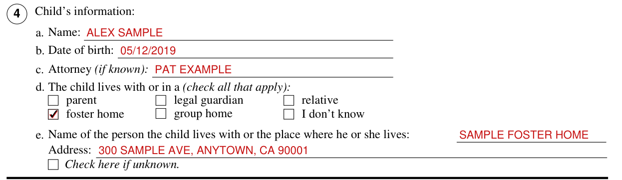 Form JV-180 example filled out, child's information