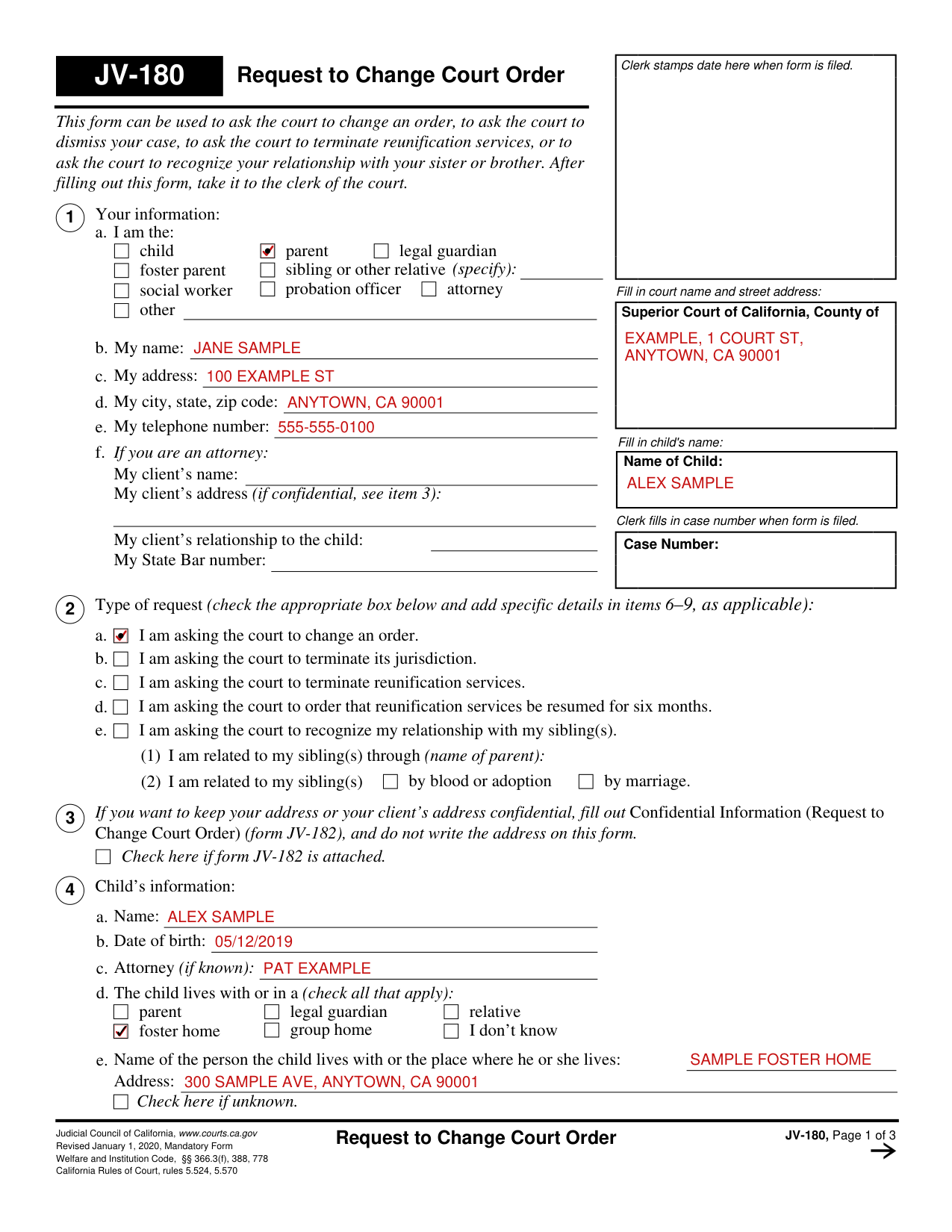 Form JV-180 example filled out, example: a parent asks to change an order