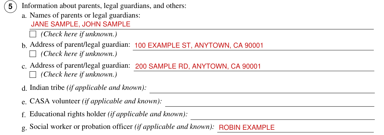 Form JV-180 example filled out, information about parents, legal guardians, and others